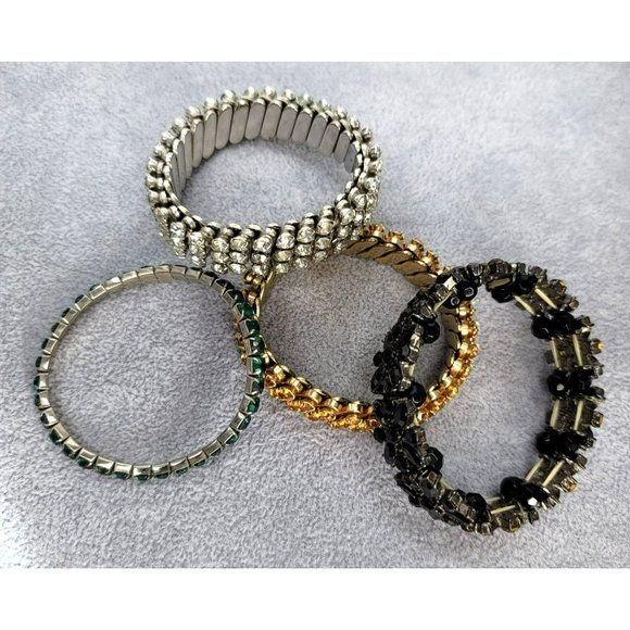 Rhinestone Beaded Stretch Bracelets Lot in Black Floral Silver Gold Green LI326 - Picture 3 of 8